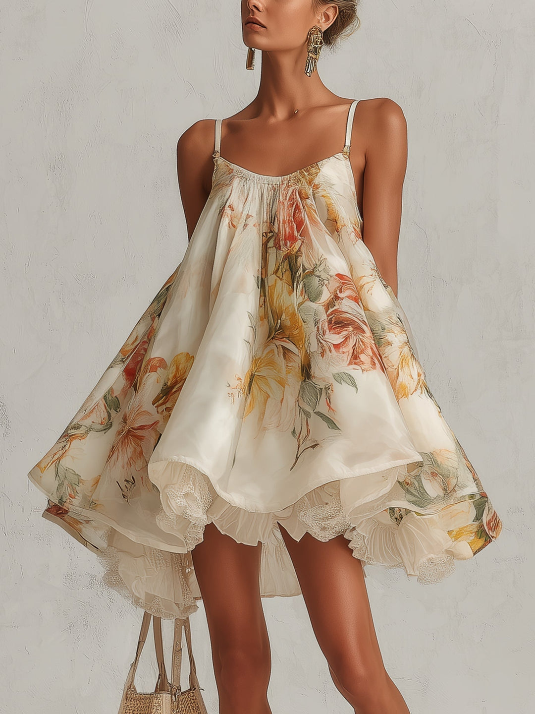 Blanche | Beige Floral Organza A-Line Mini Dress with Lace Detailing