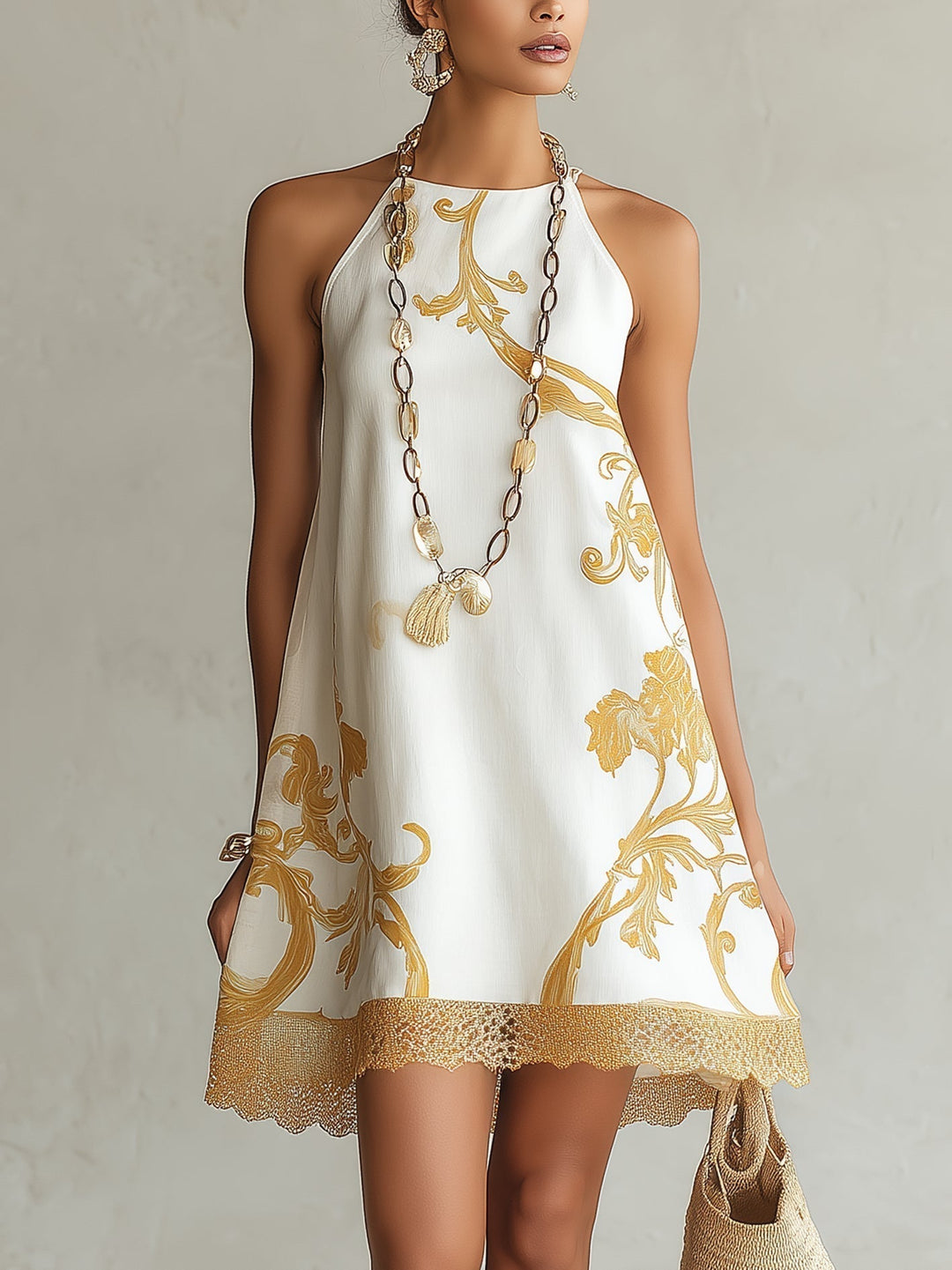 Héloïse | White Lace Mini Dress with Golden Accents