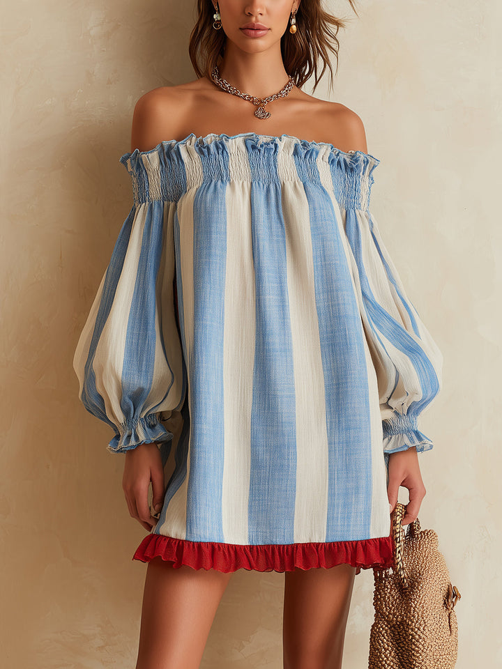 Ondine | Blue and White Striped Mini Dress with Off-the-Shoulder Style and Contrasting Hem