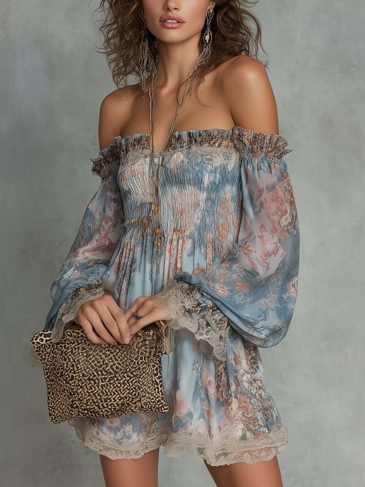 Romane | Off-Shoulder Mini Dress in Gathered Chiffon with Romantic Floral Design