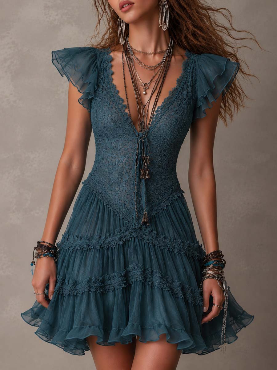 Delphine | Retro Blue Lace & Chiffon Mini Dress with Ruffle Details