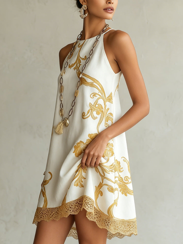 Héloïse | White Lace Mini Dress with Golden Accents
