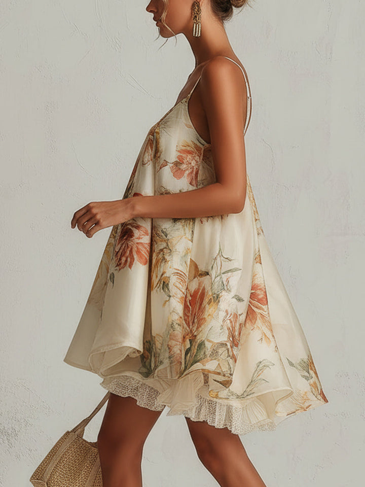 Blanche | Beige Floral Organza A-Line Mini Dress with Lace Detailing