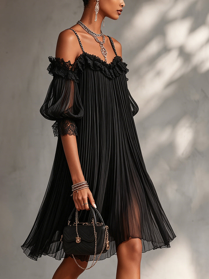 Camille | Off-Shoulder Black Chiffon Mini Dress with Lace Trim
