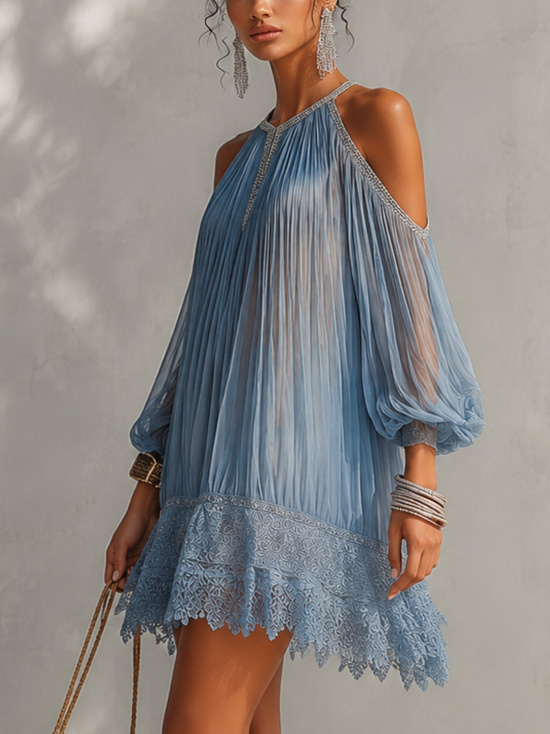Séraphine | Off-the-Shoulder Blue Mini Dress with Ruching and Lace Trim