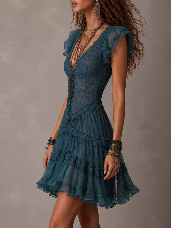 Delphine | Retro Blue Lace & Chiffon Mini Dress with Ruffle Details