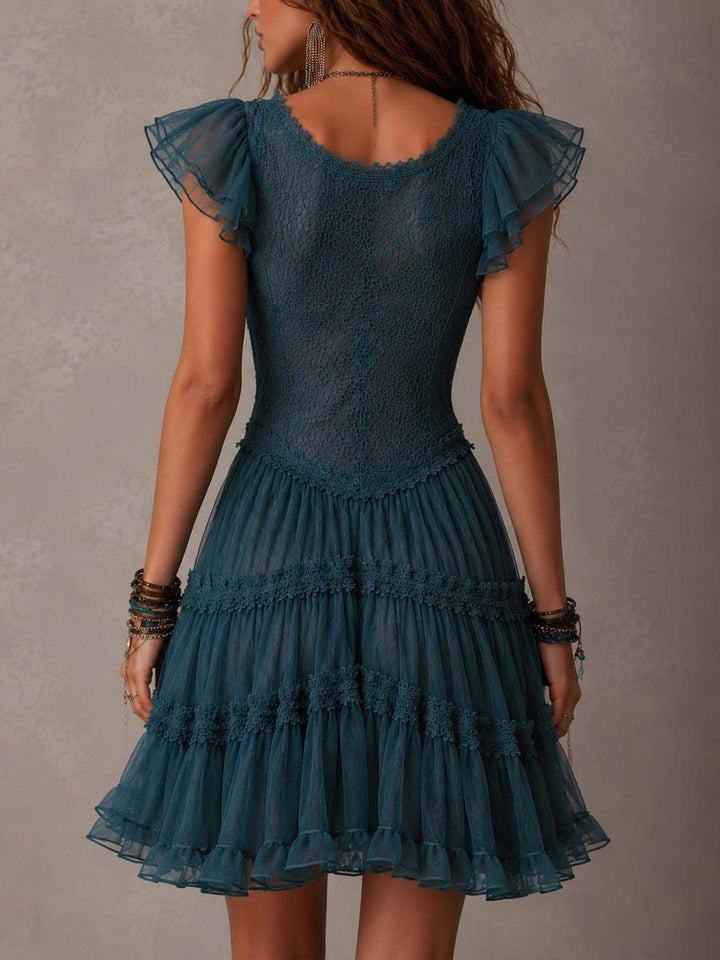 Delphine | Retro Blue Lace & Chiffon Mini Dress with Ruffle Details