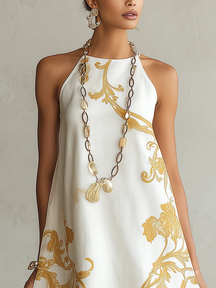 Héloïse | White Lace Mini Dress with Golden Accents