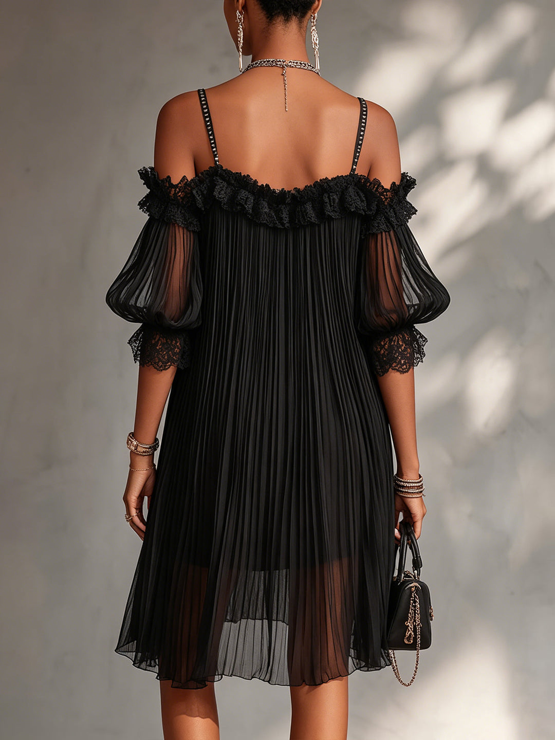 Camille | Off-Shoulder Black Chiffon Mini Dress with Lace Trim