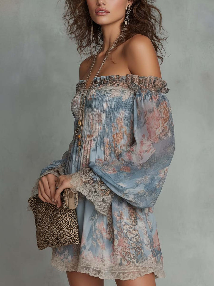Romane | Off-Shoulder Mini Dress in Gathered Chiffon with Romantic Floral Design