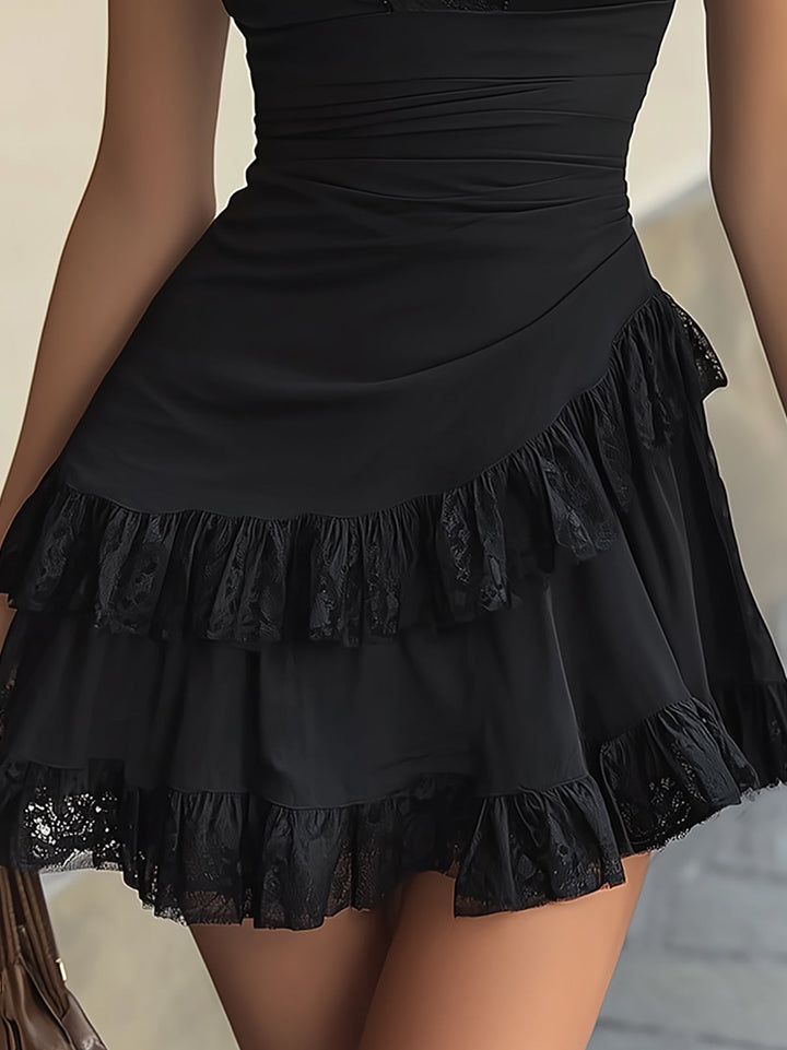 Estelle | V-Neck Mini Dress with Black Ruffle Accents