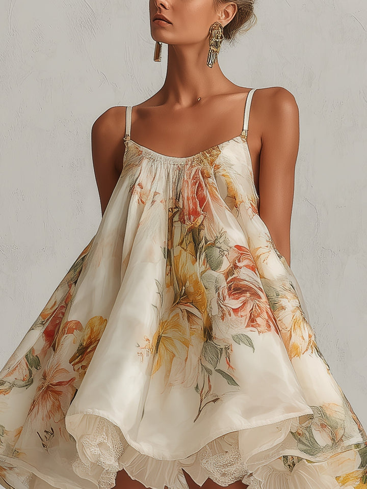 Blanche | Beige Floral Organza A-Line Mini Dress with Lace Detailing