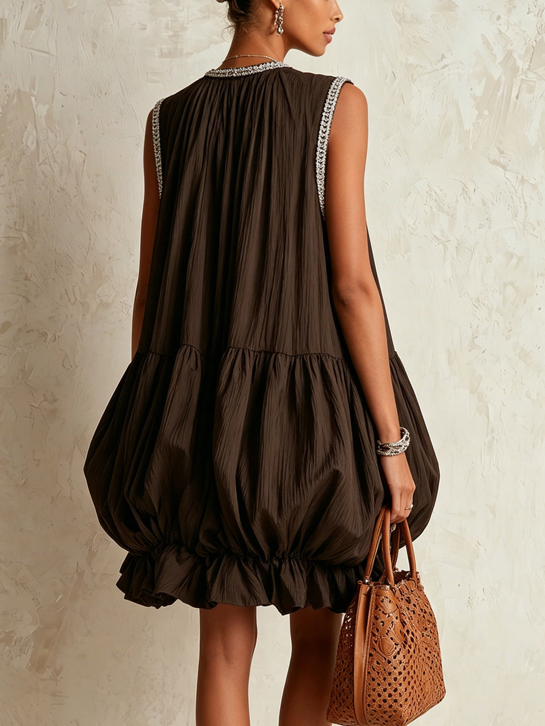 Colette | Brown Puff Hem Sleeveless Mini Dress