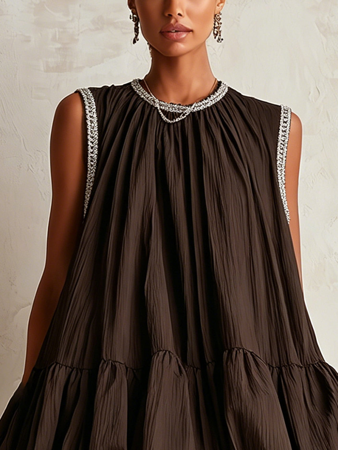 Colette | Brown Puff Hem Sleeveless Mini Dress