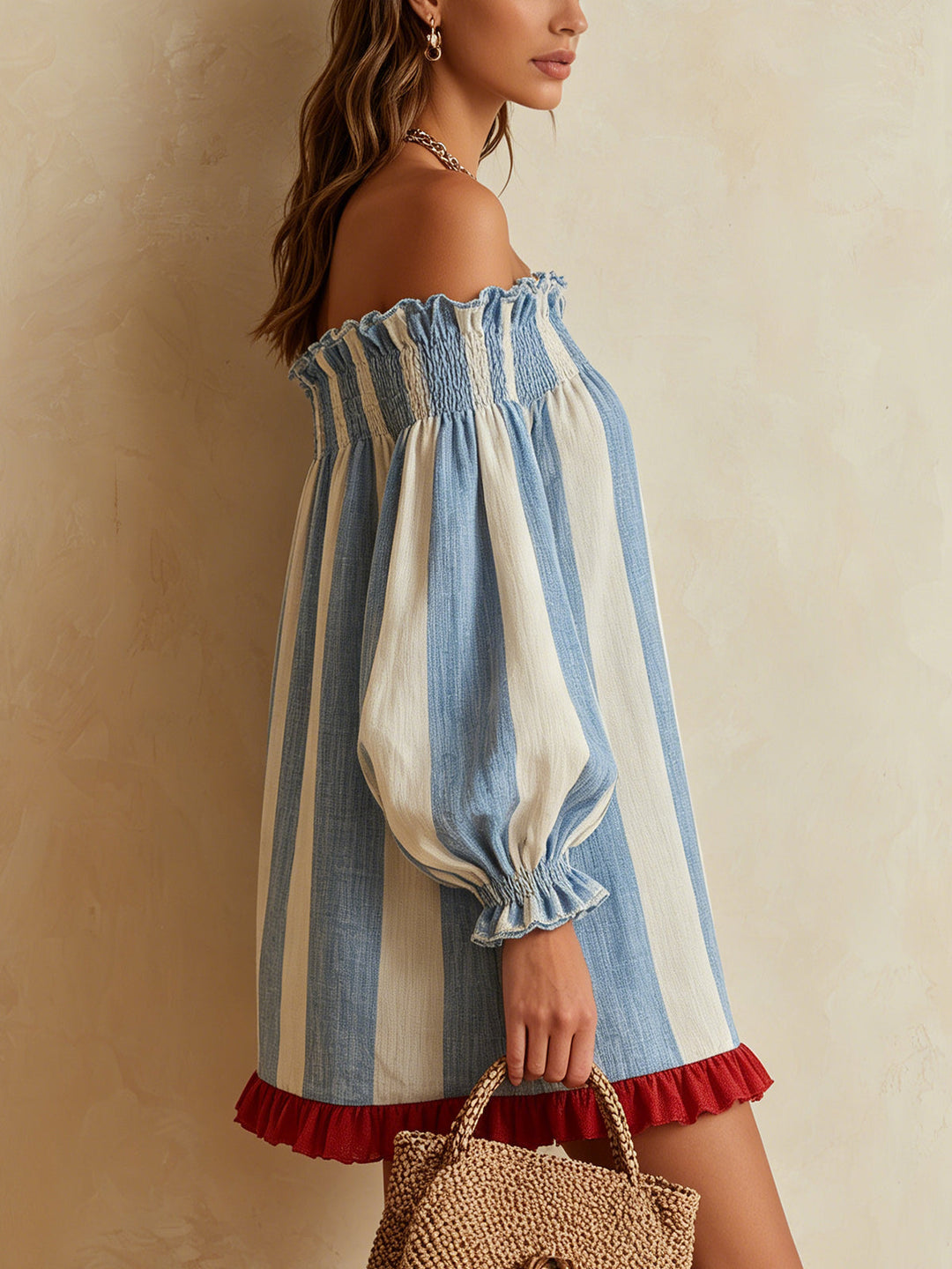 Ondine | Blue and White Striped Mini Dress with Off-the-Shoulder Style and Contrasting Hem