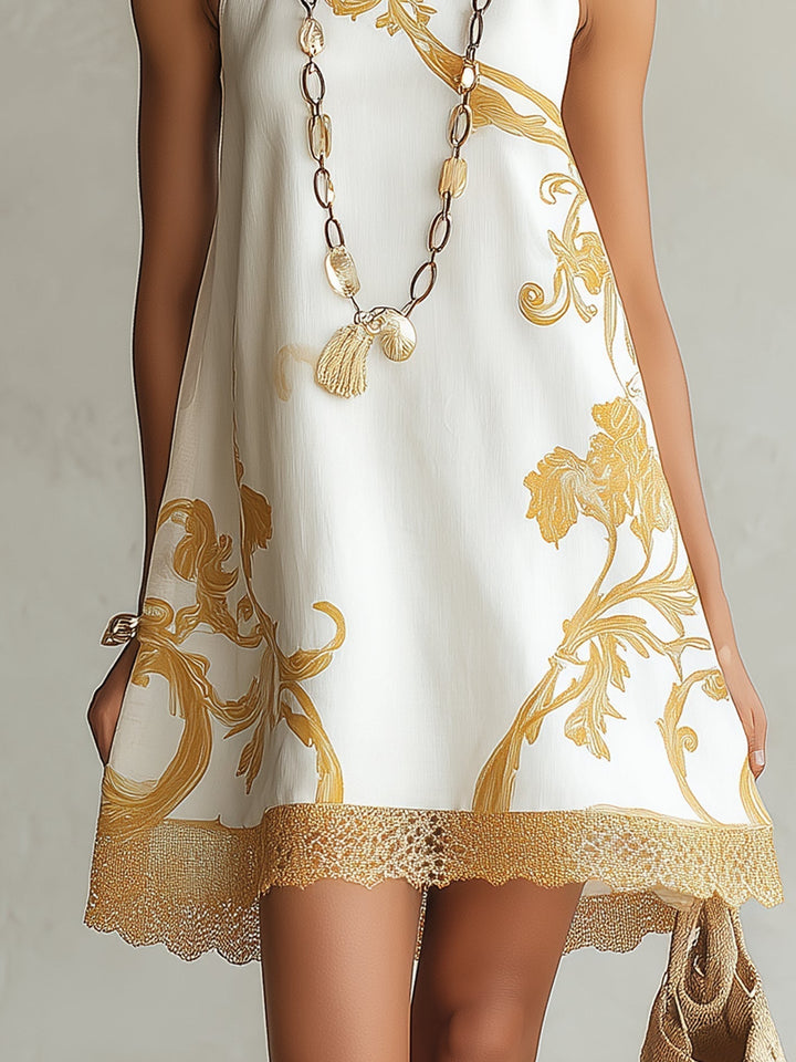 Héloïse | White Lace Mini Dress with Golden Accents