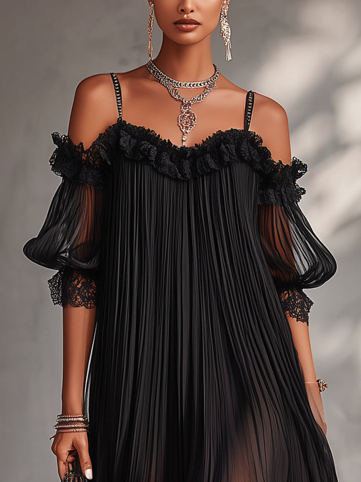 Camille | Off-Shoulder Black Chiffon Mini Dress with Lace Trim