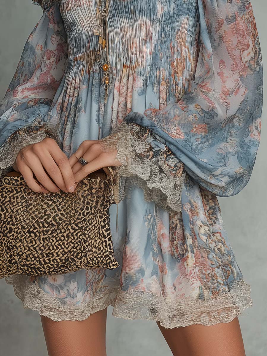Romane | Off-Shoulder Mini Dress in Gathered Chiffon with Romantic Floral Design