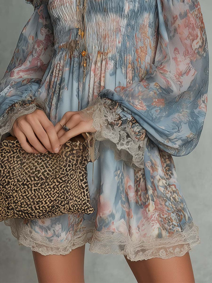 Romane | Off-Shoulder Mini Dress in Gathered Chiffon with Romantic Floral Design