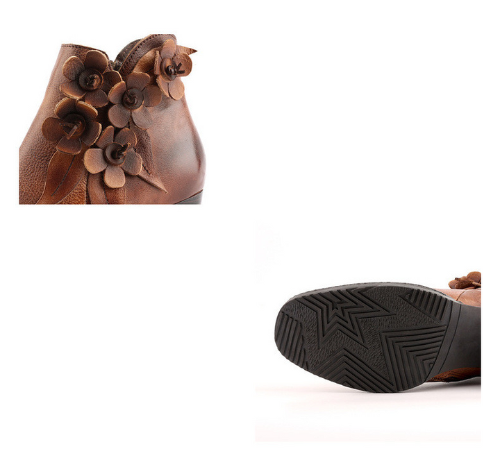 Juliette - Retro Handmade Floral Leather Solid Color Ankle Boots