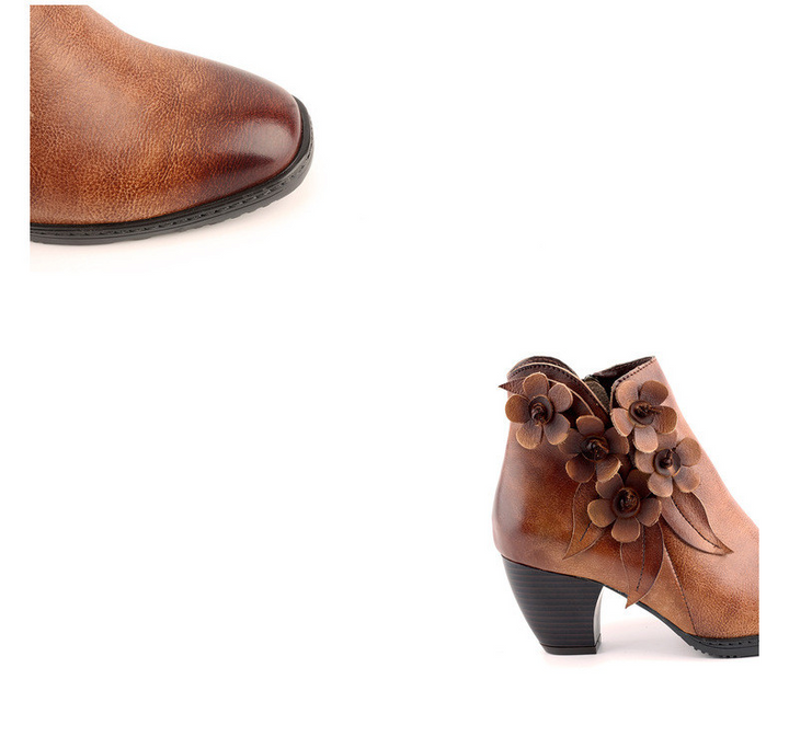 Juliette - Retro Handmade Floral Leather Solid Color Ankle Boots