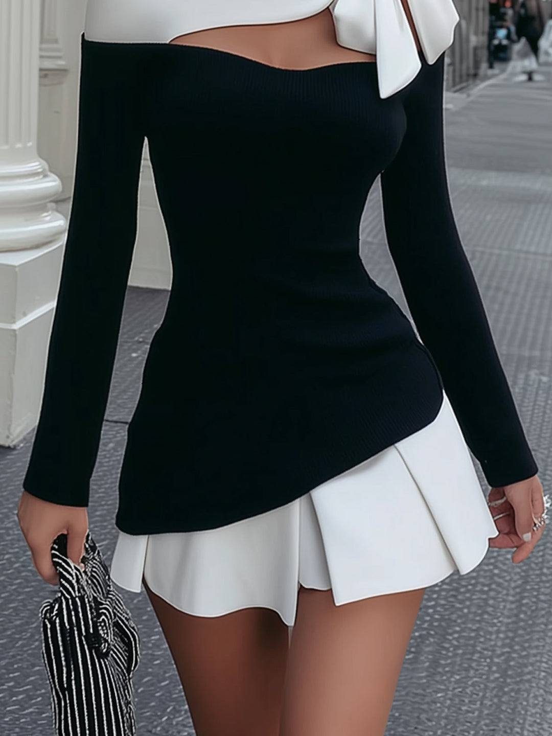 Faustine | Strappy Mini Dress in White and Black with Sewn Bow Detail