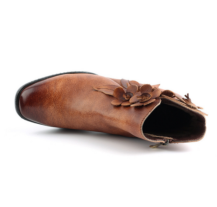Juliette - Retro Handmade Floral Leather Solid Color Ankle Boots