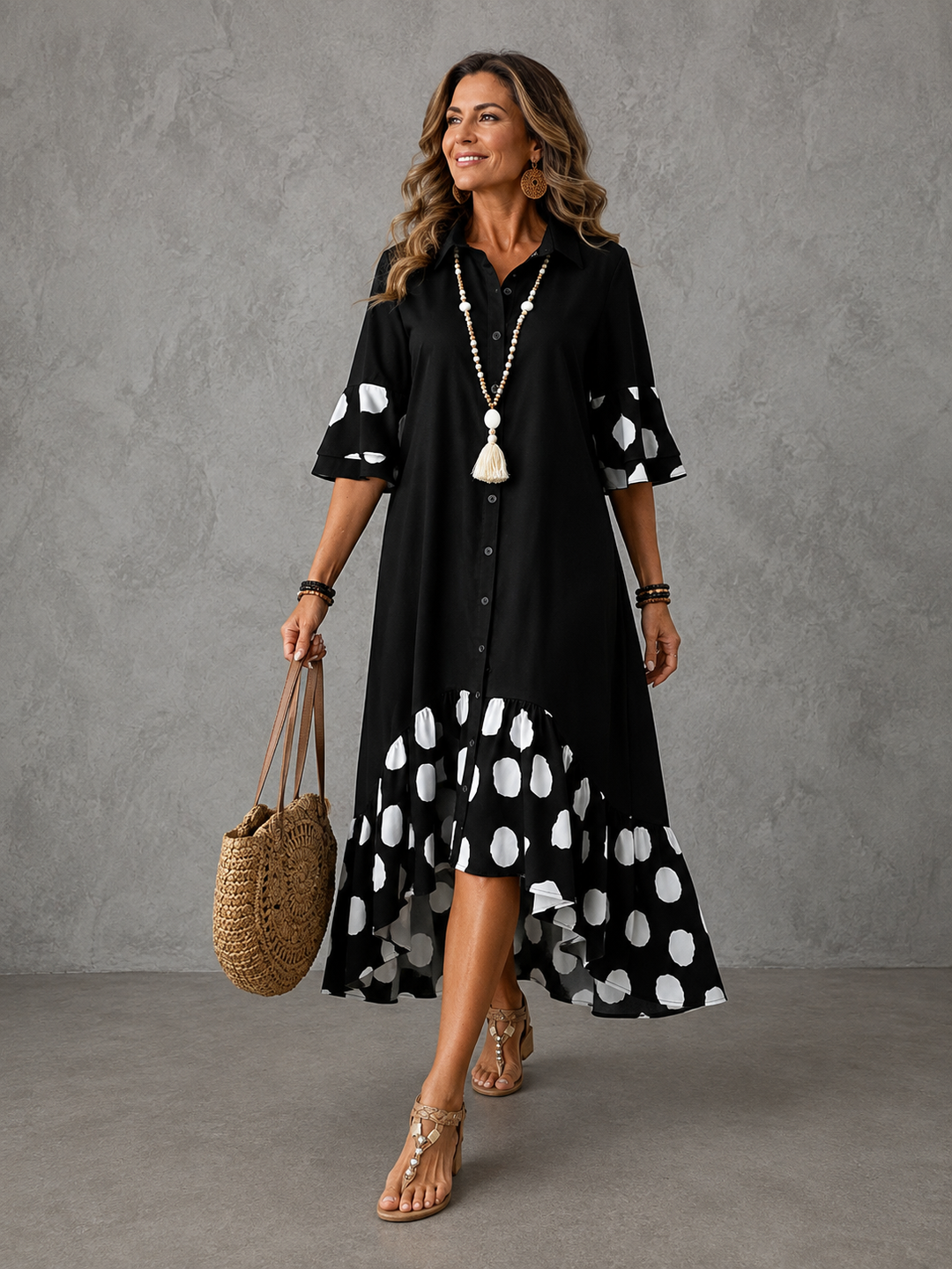 Beatrice | Polka Dot Lapel Midi Dress for Women