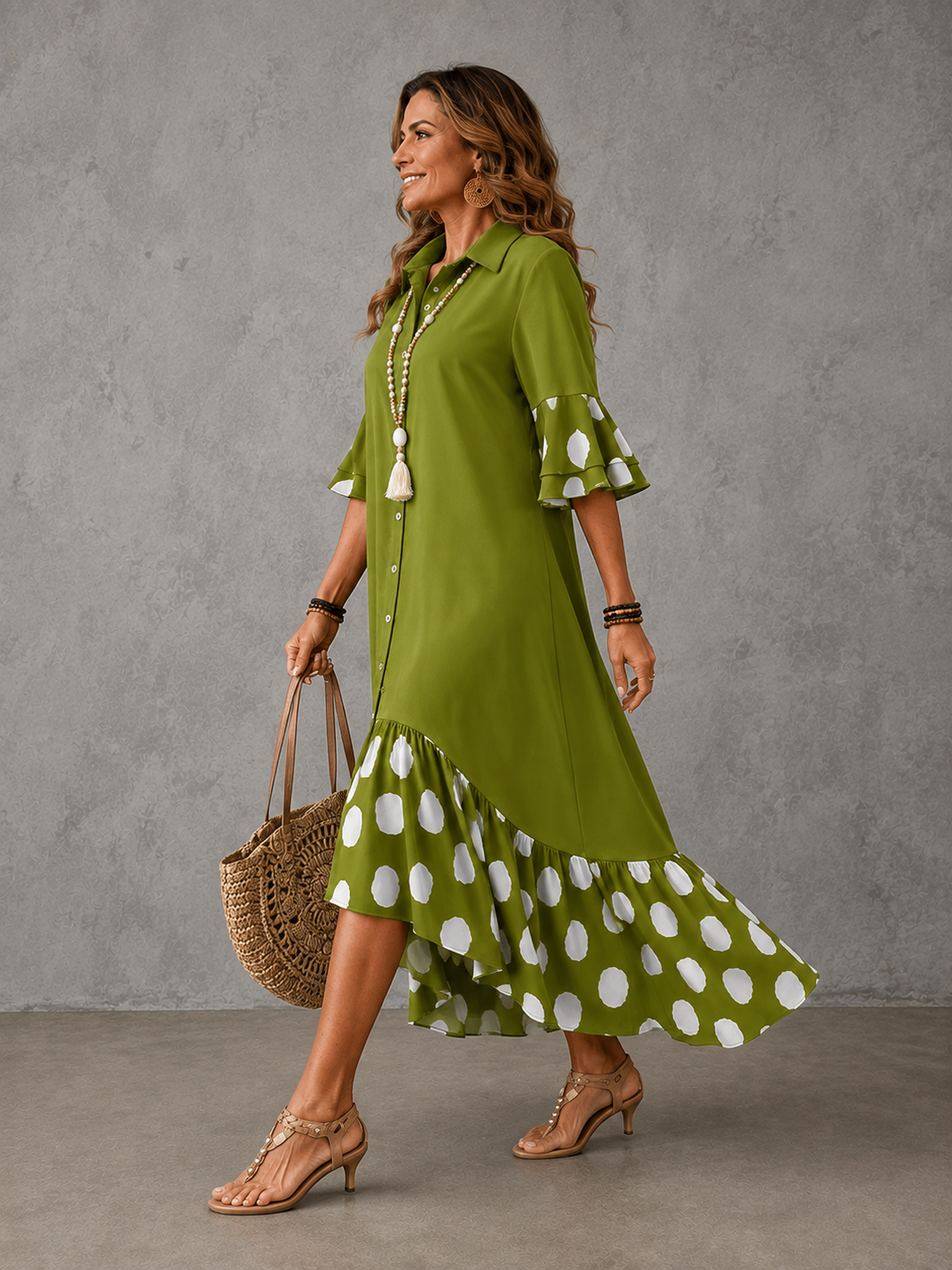 Beatrice | Polka Dot Lapel Midi Dress for Women