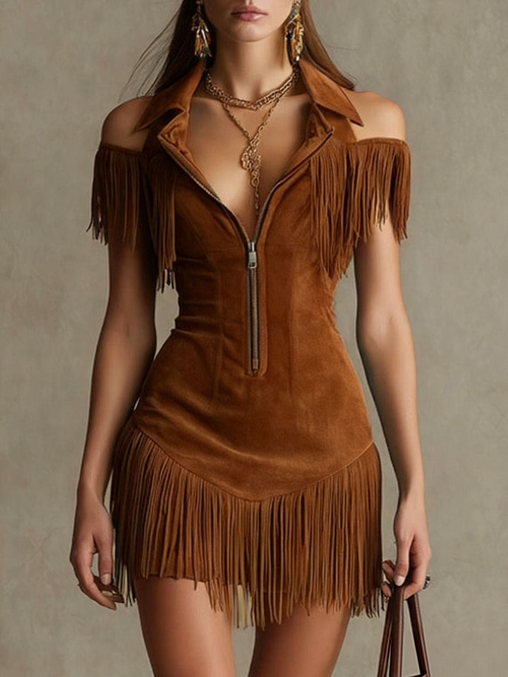 Julia | American Retro Suede Tassel Off-Shoulder Western Dress