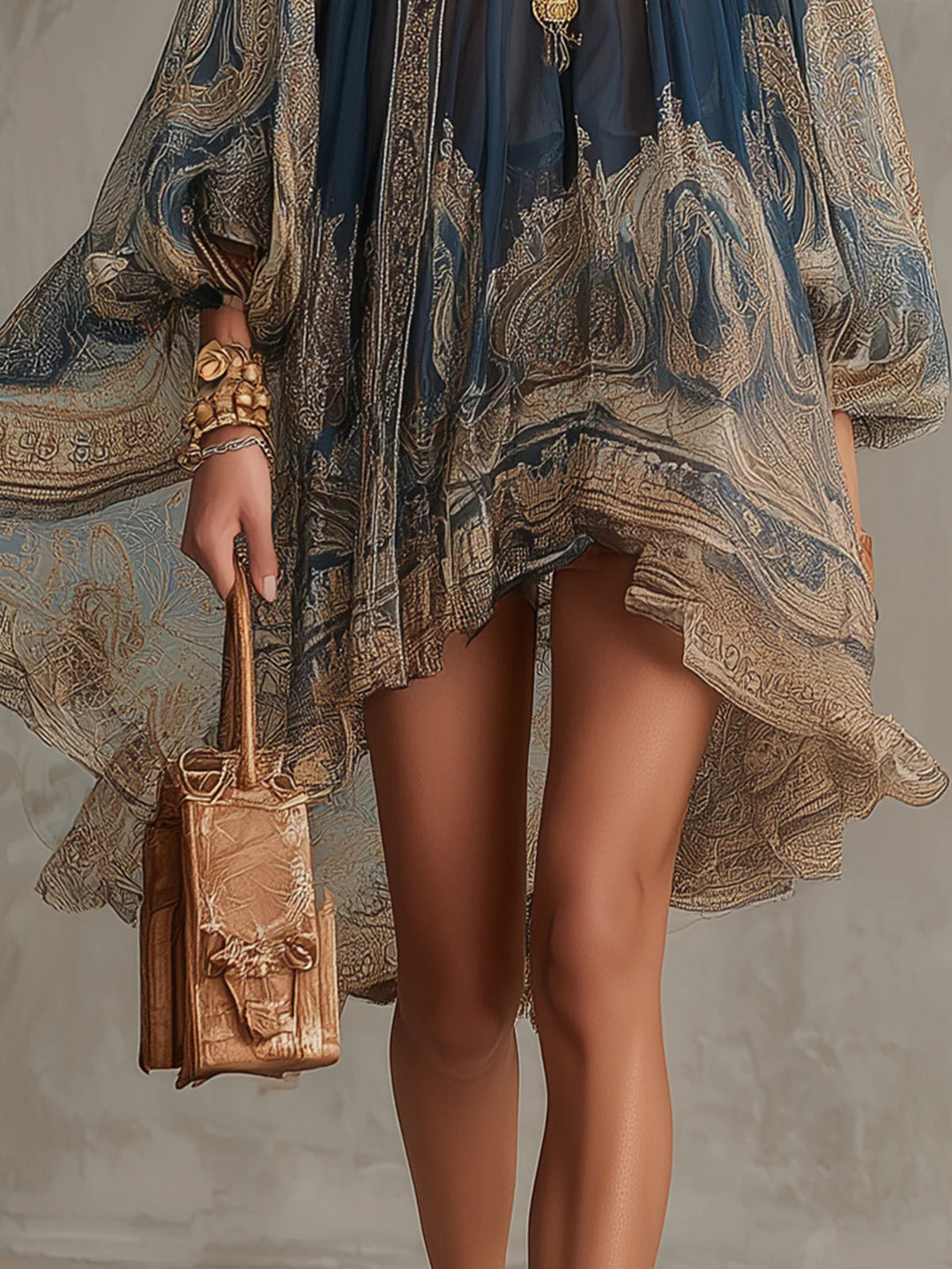 Bérénice | Asymmetric Mini Dress in Lightweight Semi-Sheer Chiffon with Navy Blue Baroque Pattern and High Neckline