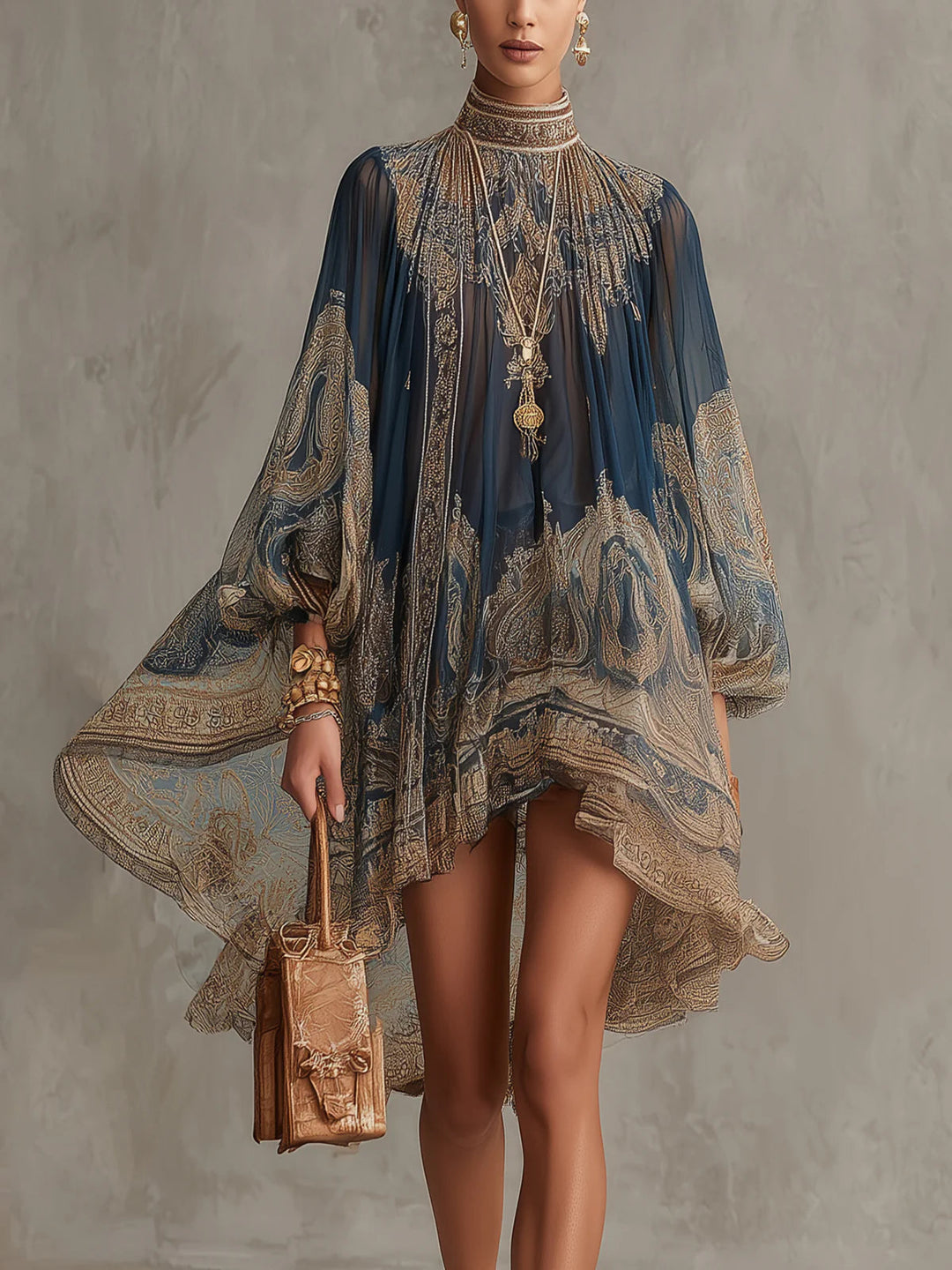 Bérénice | Asymmetric Mini Dress in Lightweight Semi-Sheer Chiffon with Navy Blue Baroque Pattern and High Neckline