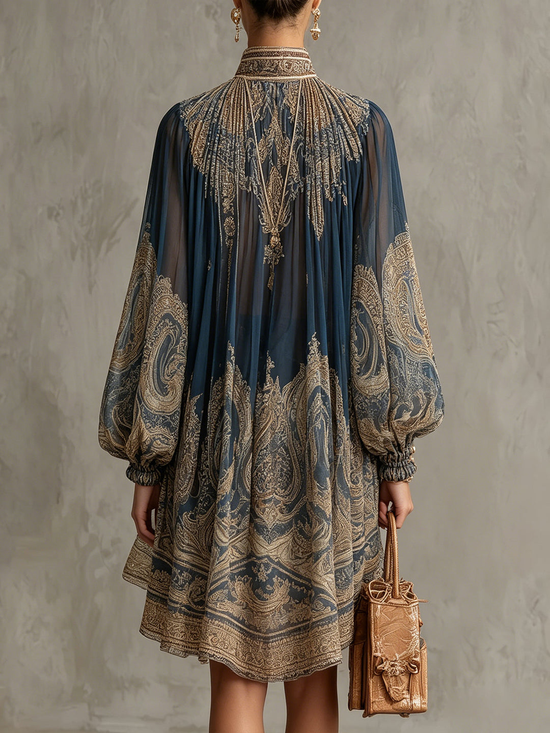 Bérénice | Asymmetric Mini Dress in Lightweight Semi-Sheer Chiffon with Navy Blue Baroque Pattern and High Neckline