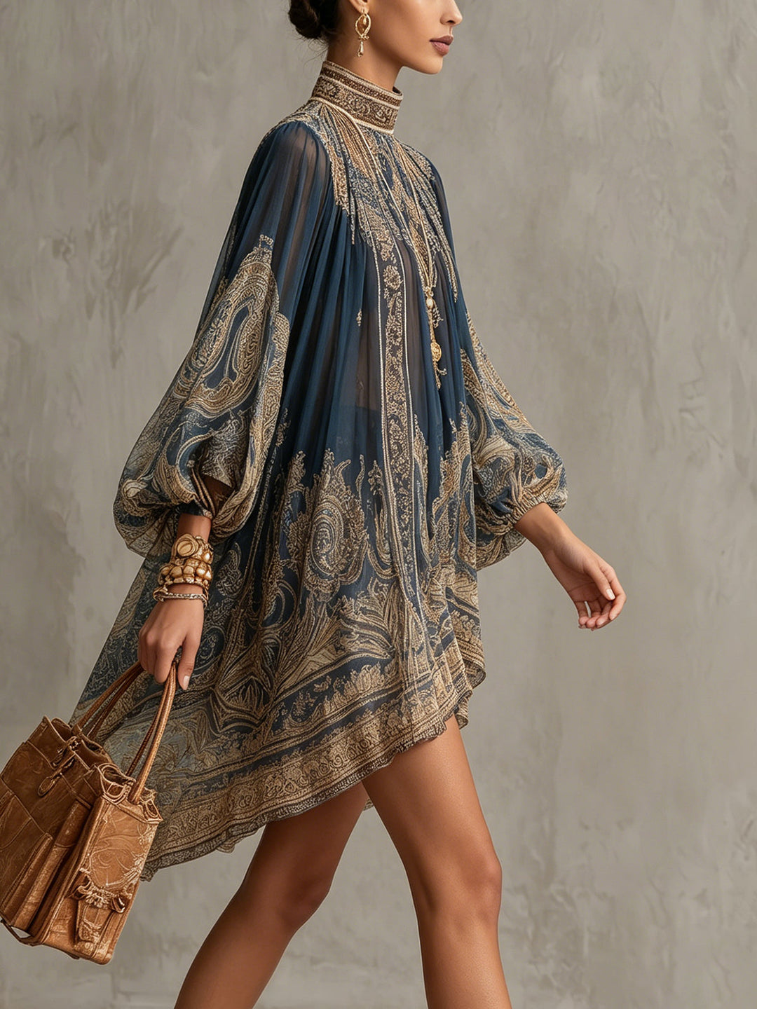 Bérénice | Asymmetric Mini Dress in Lightweight Semi-Sheer Chiffon with Navy Blue Baroque Pattern and High Neckline