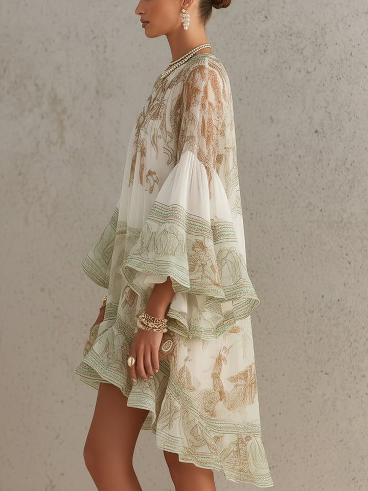 Rosalie | Chiffon Mini Dress with Ruffled Sleeves and Green Striped Hem