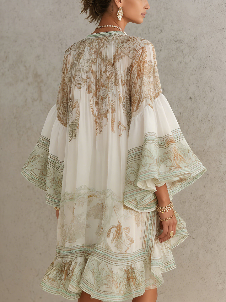 Rosalie | Chiffon Mini Dress with Ruffled Sleeves and Green Striped Hem