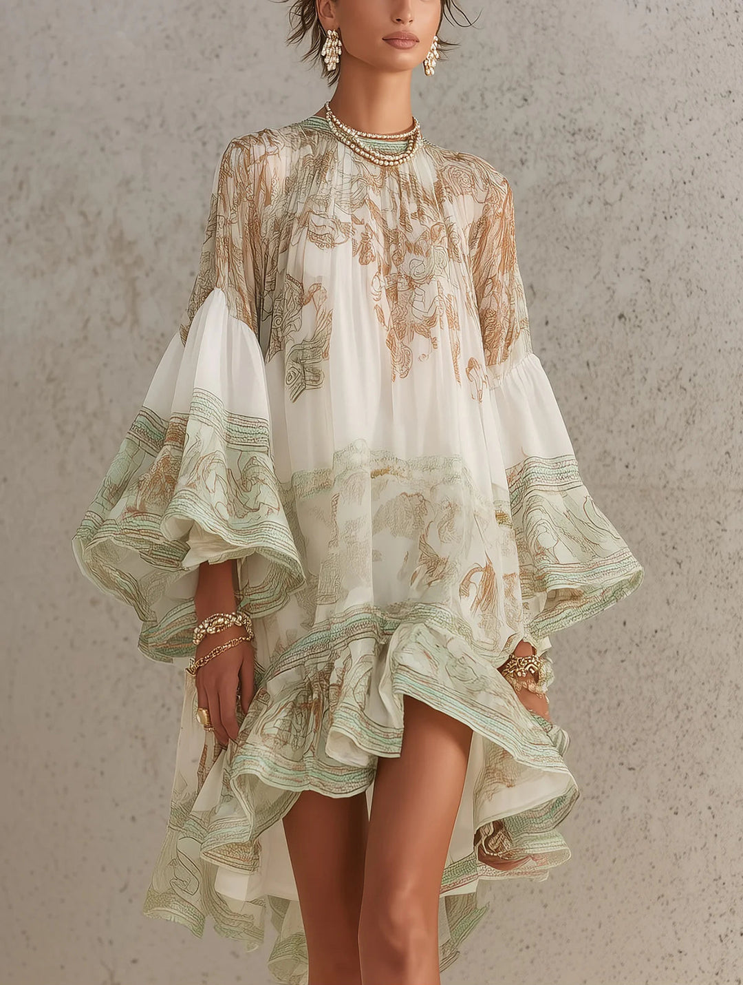 Rosalie | Chiffon Mini Dress with Ruffled Sleeves and Green Striped Hem