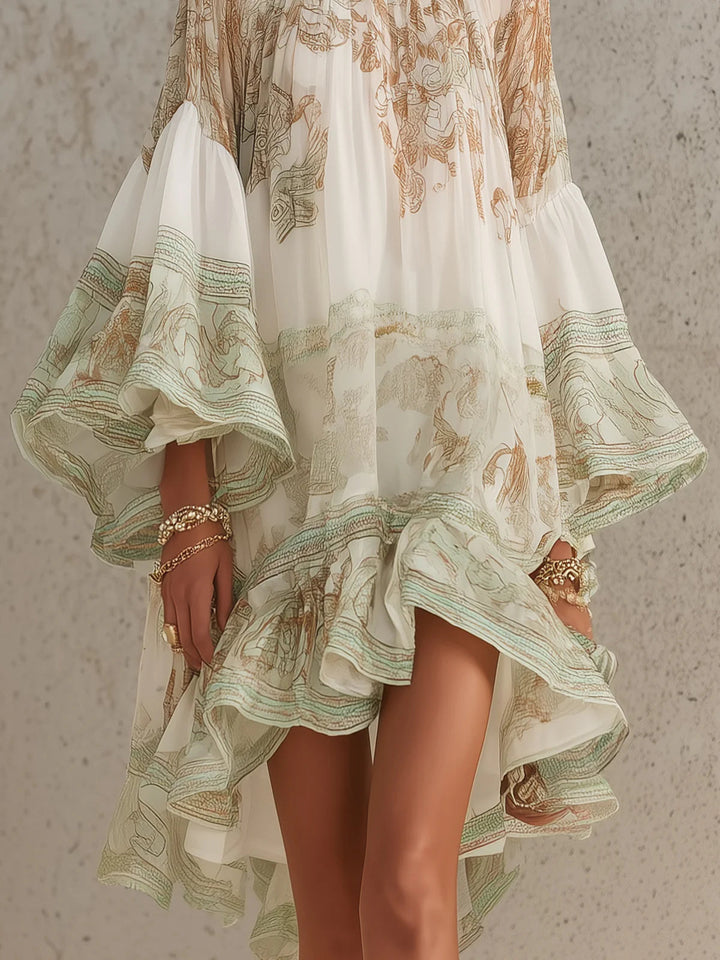 Rosalie | Chiffon Mini Dress with Ruffled Sleeves and Green Striped Hem