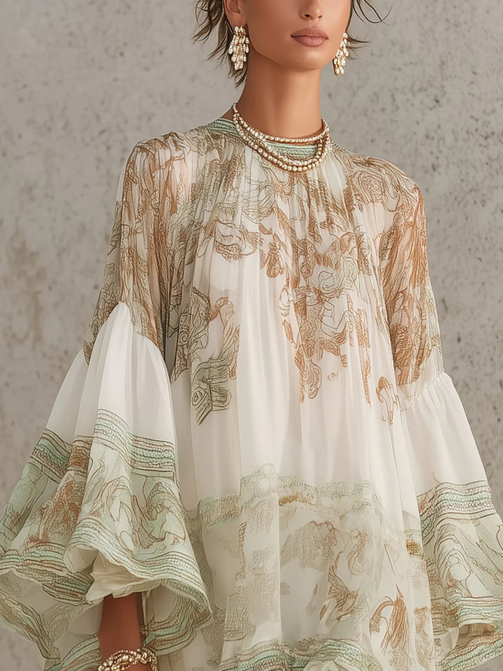 Rosalie | Chiffon Mini Dress with Ruffled Sleeves and Green Striped Hem