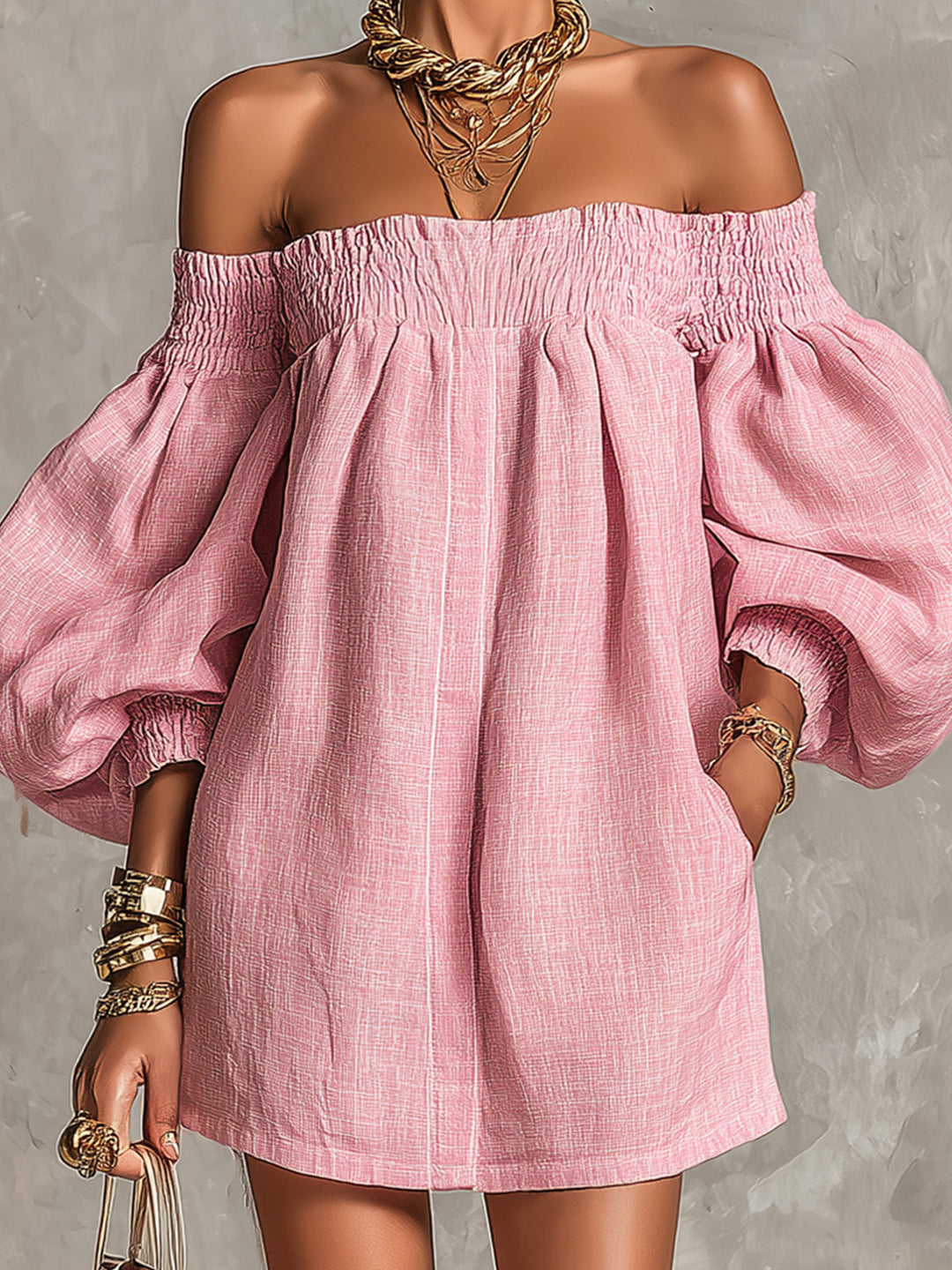 Violette | Off-the-Shoulder Pink Mini A-Line Dress with Lantern Sleeves