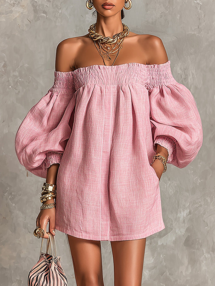 Violette | Off-the-Shoulder Pink Mini A-Line Dress with Lantern Sleeves