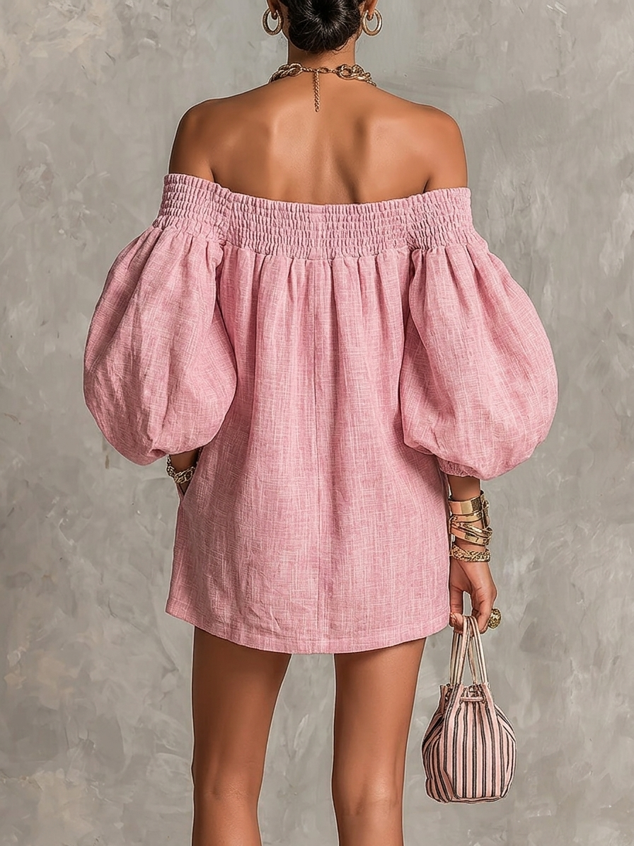 Violette | Off-the-Shoulder Pink Mini A-Line Dress with Lantern Sleeves
