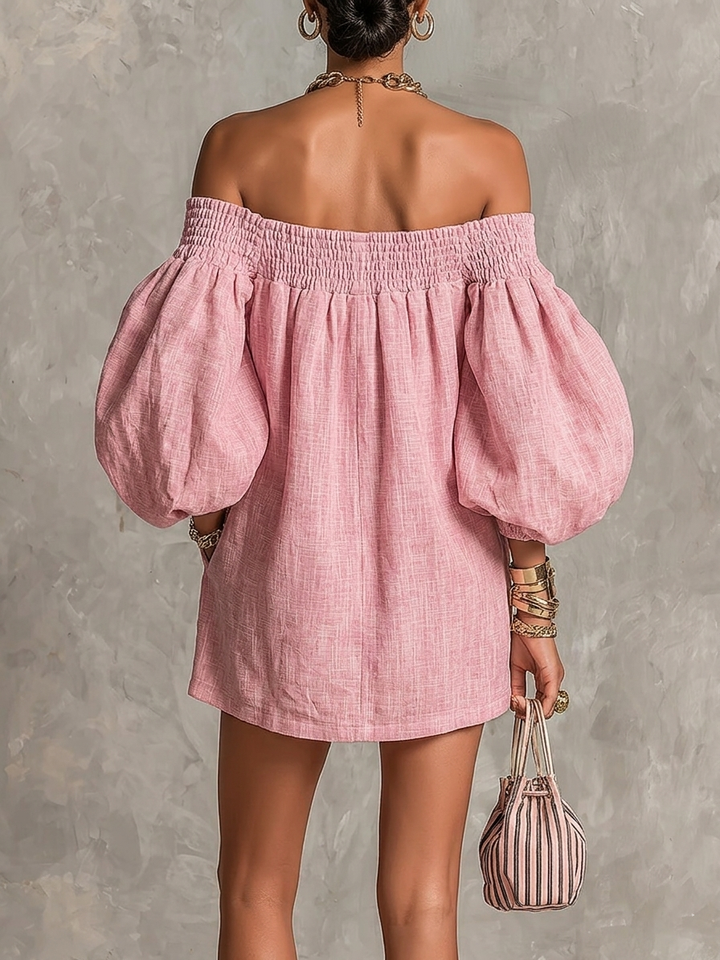 Violette | Off-the-Shoulder Pink Mini A-Line Dress with Lantern Sleeves