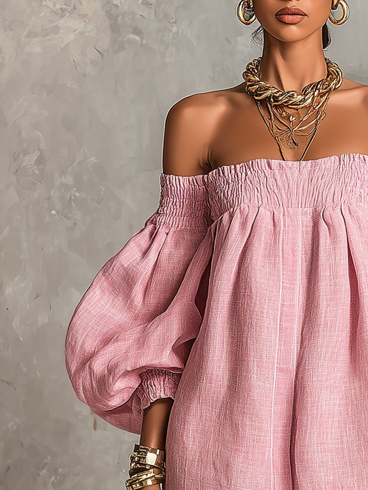 Violette | Off-the-Shoulder Pink Mini A-Line Dress with Lantern Sleeves