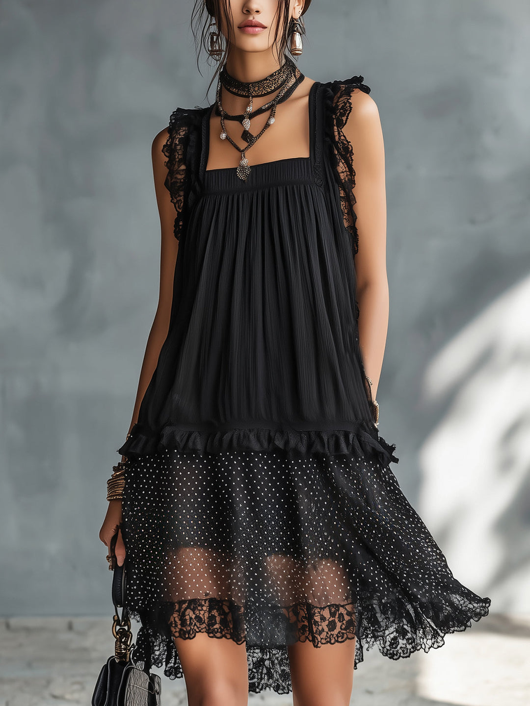 Pauline | Mini Sheer Dress with Dots, Ruffles, and Black Lace Accents
