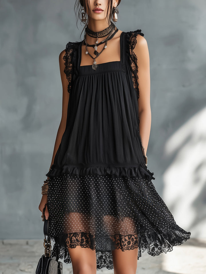 Pauline | Mini Sheer Dress with Dots, Ruffles, and Black Lace Accents