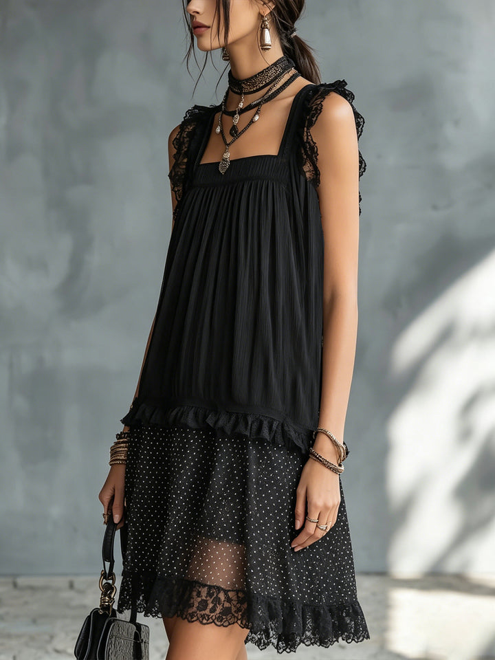 Pauline | Mini Sheer Dress with Dots, Ruffles, and Black Lace Accents