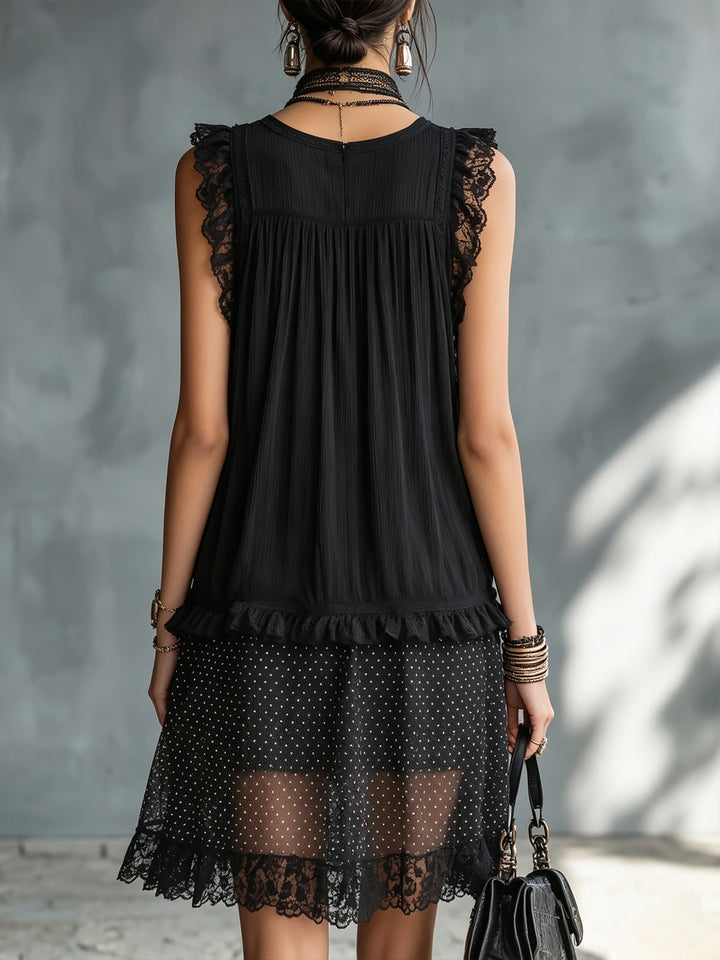 Pauline | Mini Sheer Dress with Dots, Ruffles, and Black Lace Accents