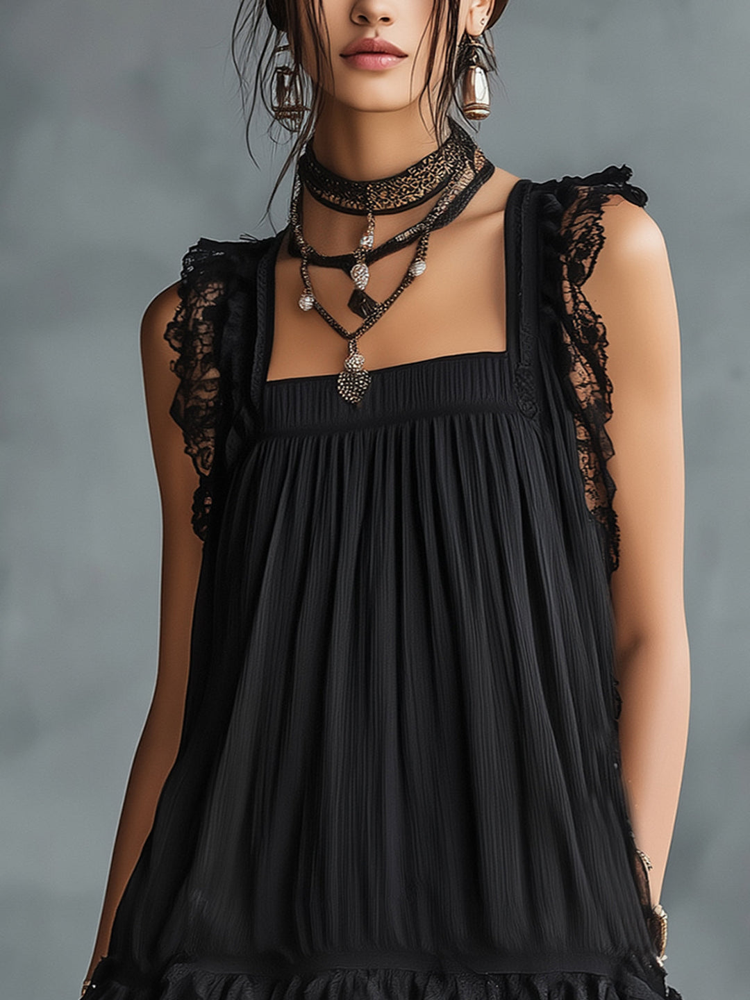 Pauline | Mini Sheer Dress with Dots, Ruffles, and Black Lace Accents