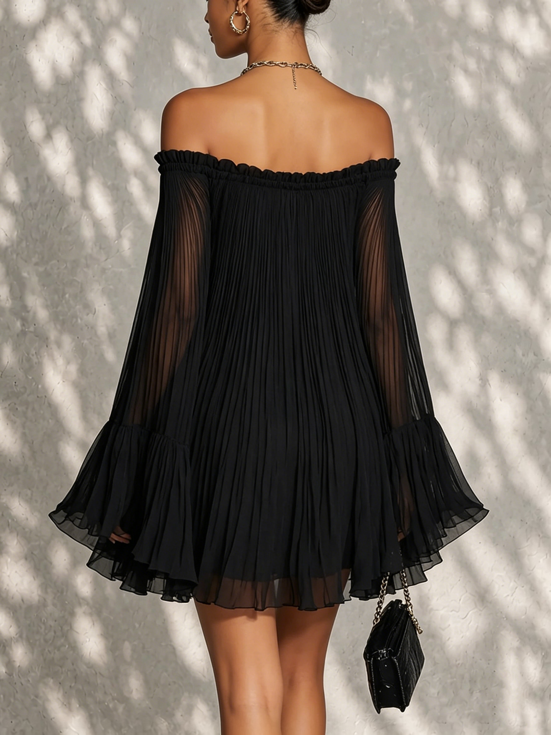 Océane | Black Off-the-Shoulder Mini Dress with Ruched Detail and Bell Sleeves